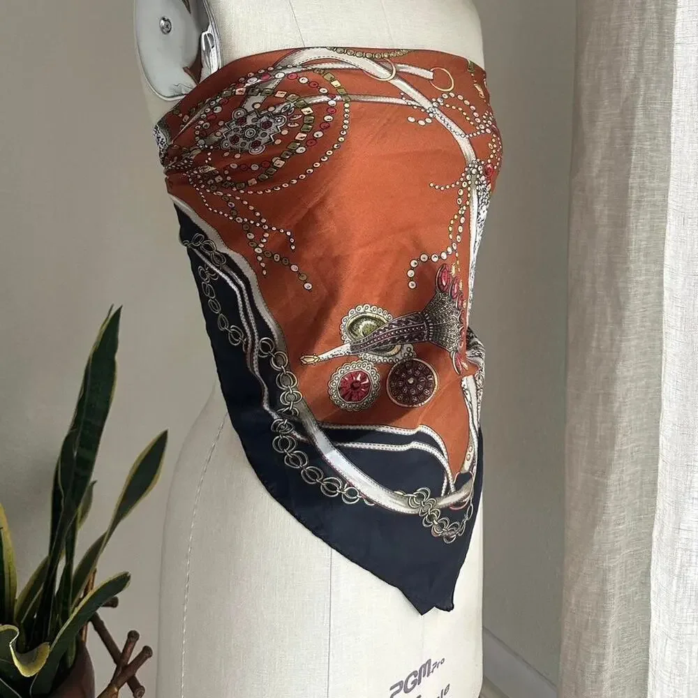 Burnt Orange Chain Print Scarf With Jewel Graphic, Styled as top